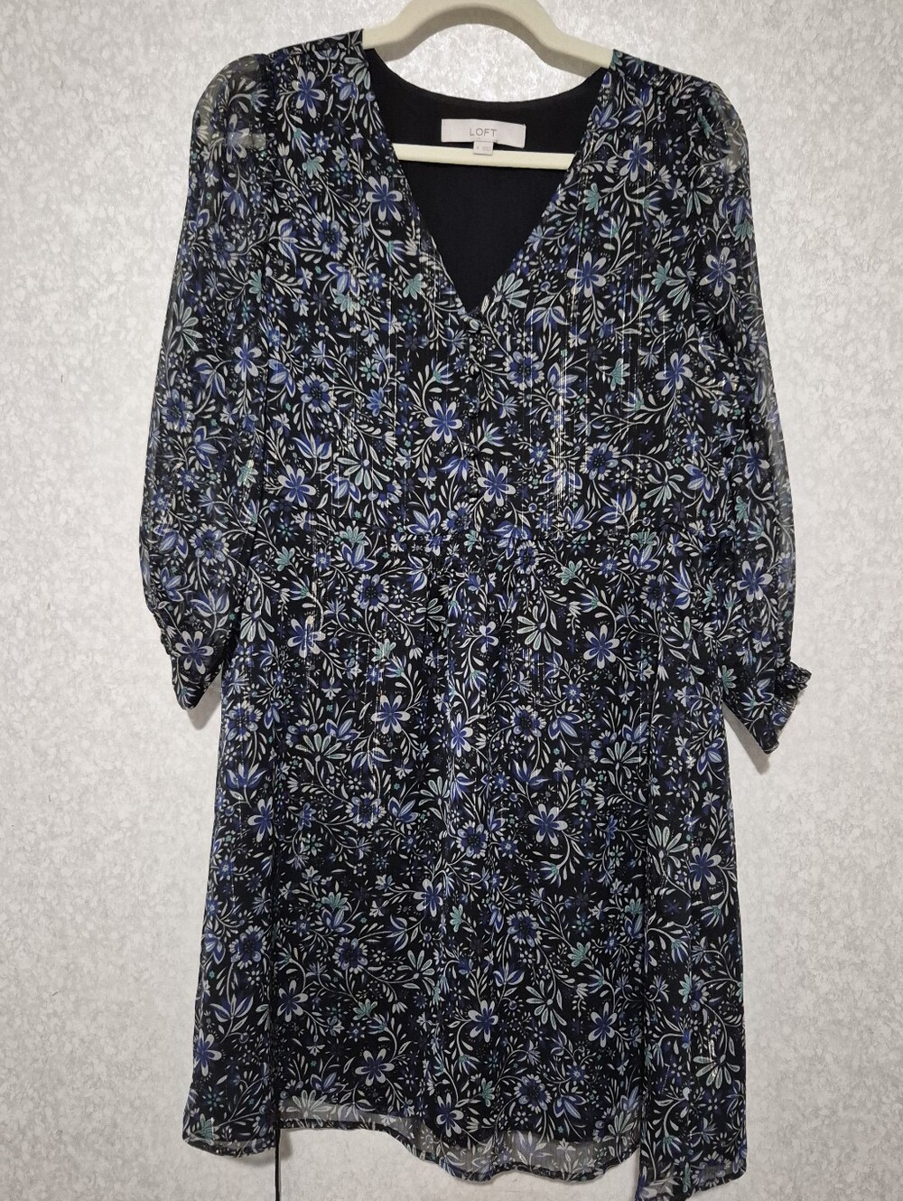 LOFT Black-blue  Floral V-Neck Sheer Long Sleeve  Mini Dress...Size:4